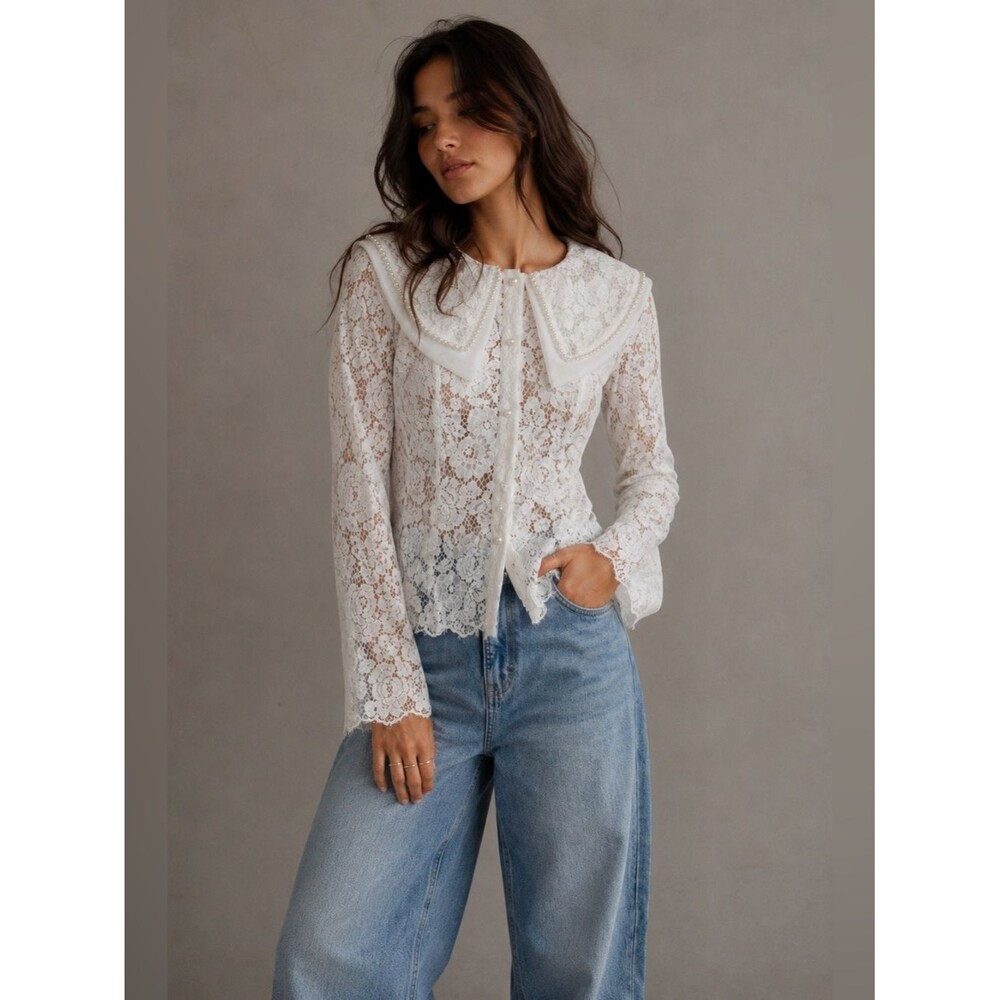 Chouchou White Lace Pearl Collar Blouse Sheer Romantic Balletcore Size Medium